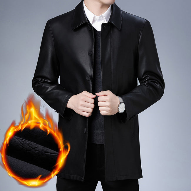 Lapel Leather Coat Men's Fleece Padded Leather Jacket Hover Image