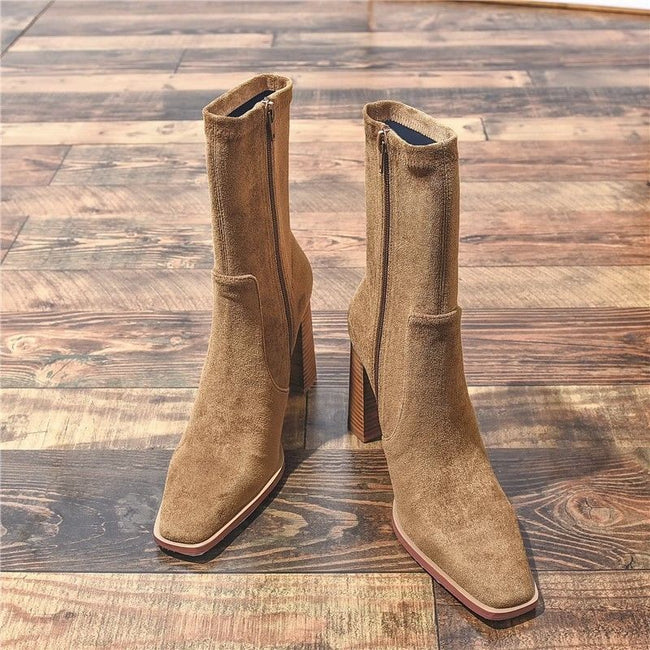 New Square Toe Fleece-lined New Chunky Heel French Boots Main Image