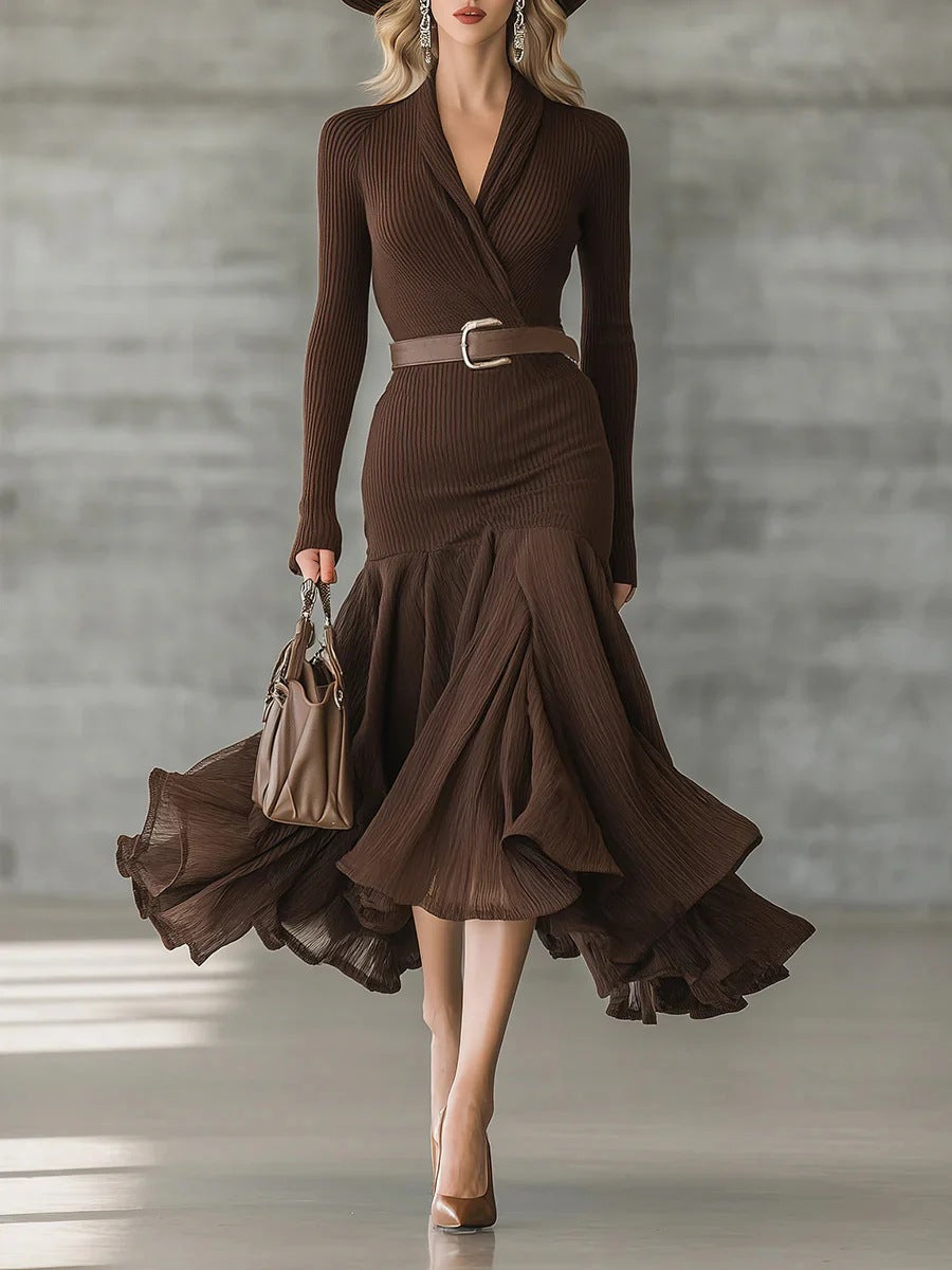 Stitching V-neck Long-sleeve Dress Long Skirt Large Swing Skirt