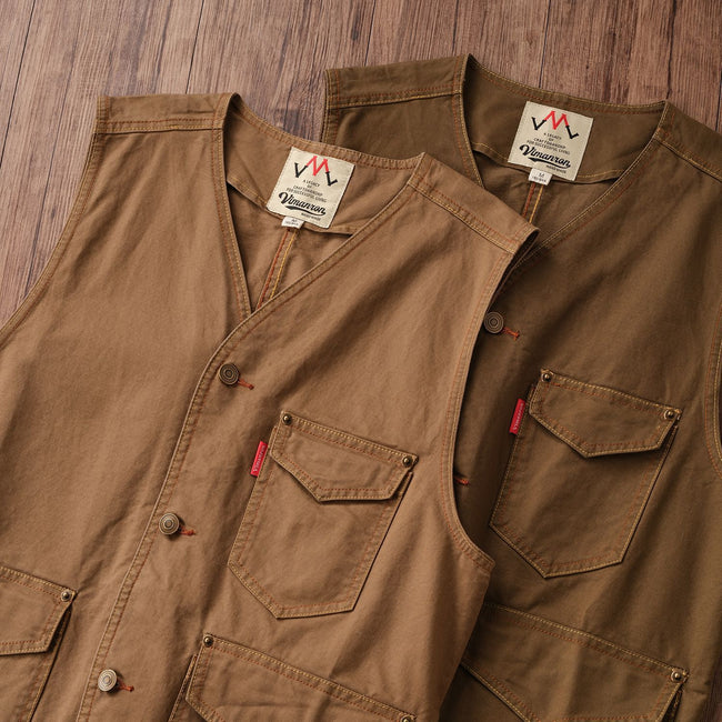 Original Kaji Retro Worn Looking Washed-out Woven Cotton Vest Main Image