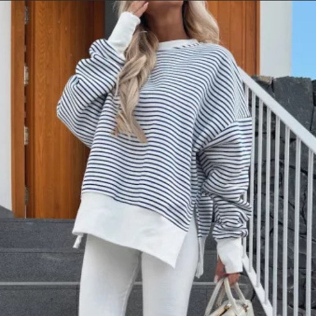 Women's Striped Sweatshirt Size Slit Long Sleeve Shirts For Women Crewneck Hoodies Casual Pullover Top Hover Image