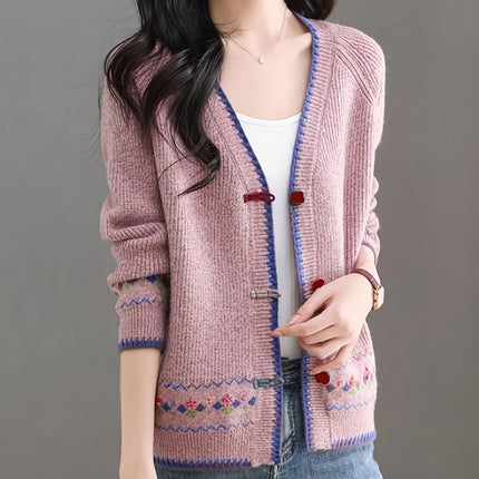 Women's Elegant Chinese Inspired Loose Fit V Neck Cardigan