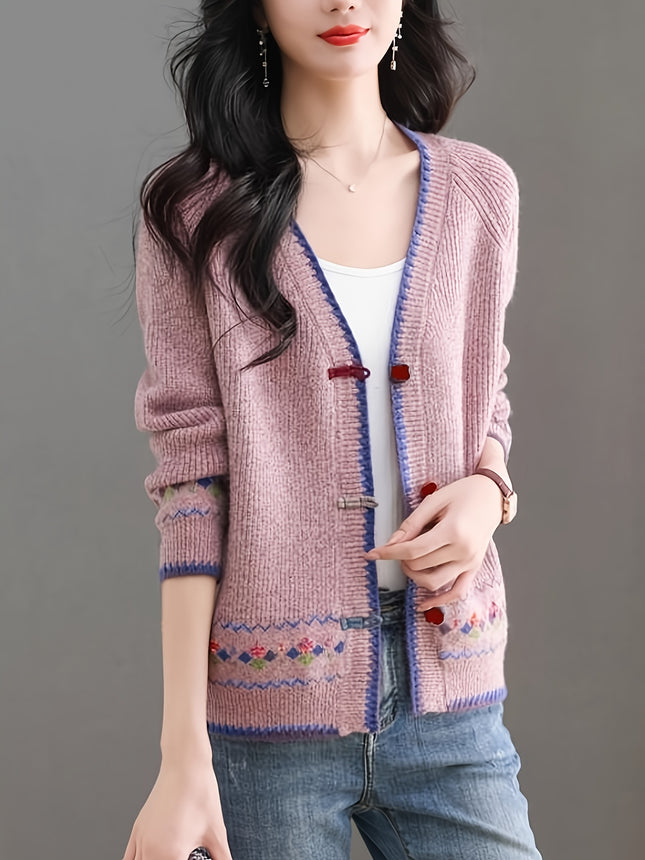 Women's Elegant Chinese Inspired Loose Fit V Neck Cardigan