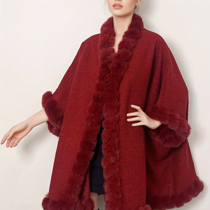 Womens Tweed Faux Fur Lined Shawl Poncho Coat Winter Warmth