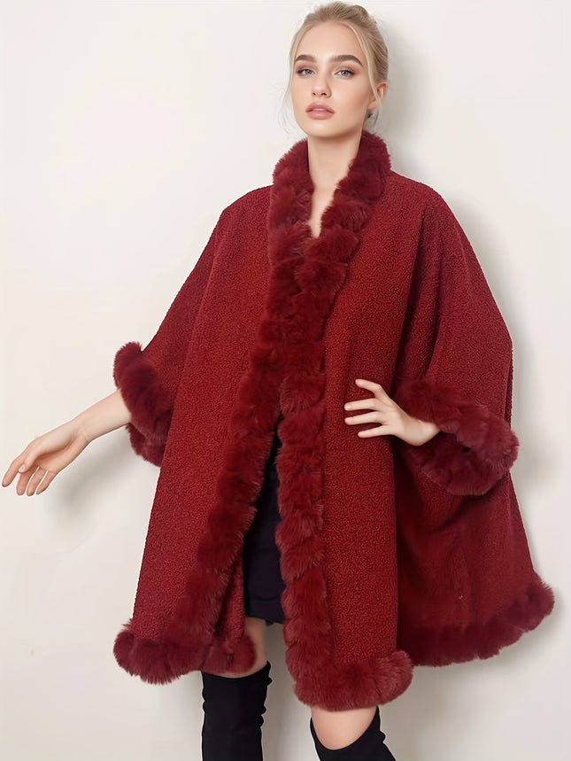 Womens Tweed Faux Fur Lined Shawl Poncho Coat Winter Warmth
