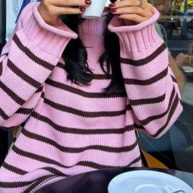 Stripe Warm Knitted Pullover Elegant Round Neck Long Sleeve Loose Sweater Hover Image