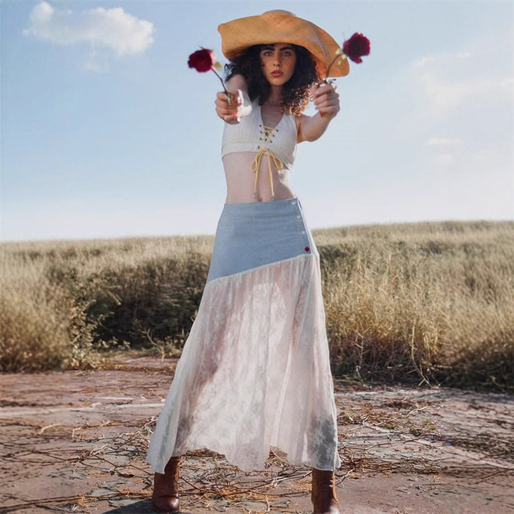 French Style Gentle Low Waist Breasted Denim Stitching Lace A- Line Dress