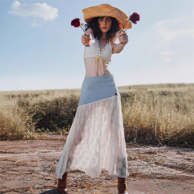 French Style Gentle Low Waist Breasted Denim Stitching Lace A- Line Dress Hover Image