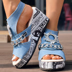 Newspaper Buckle Denim Wedge Slides - Anklet Not Included