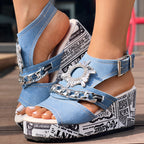 Newspaper Buckle Denim Wedge Slides - Anklet Not Included
