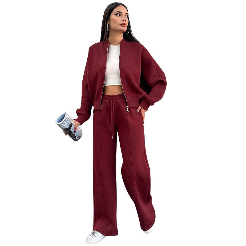 Fleece Zipper Cardigan Women's Clothes Fashion Casual Straight Pants Suit