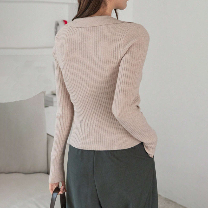 V-neck Hemmed Pullover Sweater Vertical Pattern Sunken Stripe Solid Color