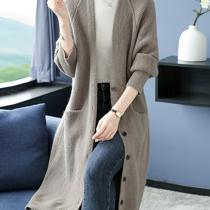 Women's Elegant Long Coat With Front Button Closure Pockets