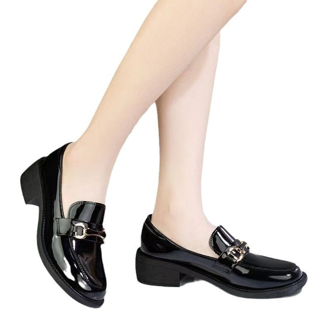 Dark Green Glossy Chunky Heel Metal Buckle Loafers For Women Main Image