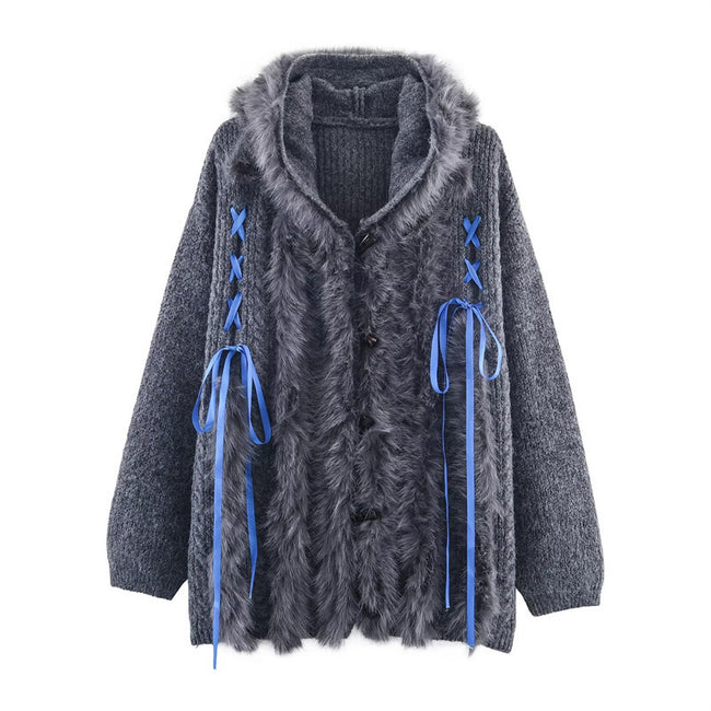 Cool Strap Decorative Hoodie Horn Button Knitted Coat Main Image