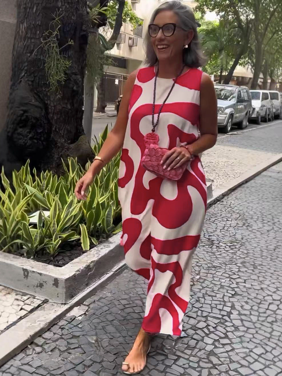 New V-neck Printed Sleeveless Dress Casual