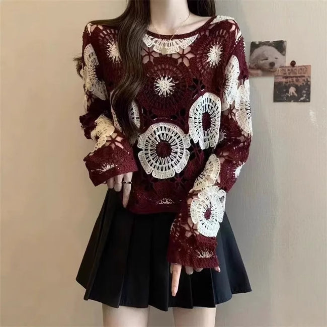 Hollow Crocheted Round Neck Long Sleeve Knitted Sweater Hover Image