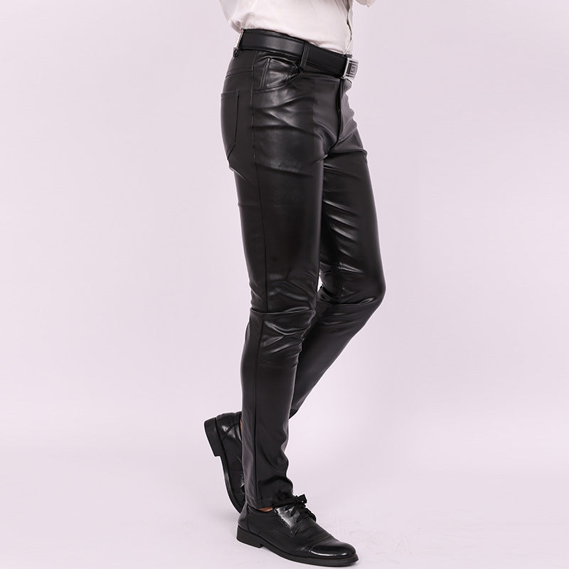 Men's Skinny Pants Tight Elastic Trend Motorcycle Male Nightclub Leather Pants