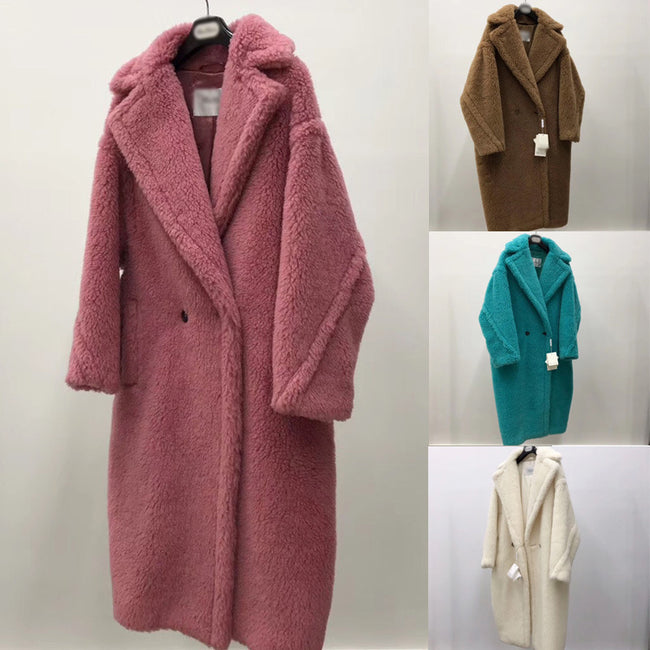 Women's Long Pink Wool Alpaca Fleecefiber Fur Coat Hover Image