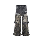 Camouflage Stitching Micro-pull Wide Leg Ripped Ripped Jeans