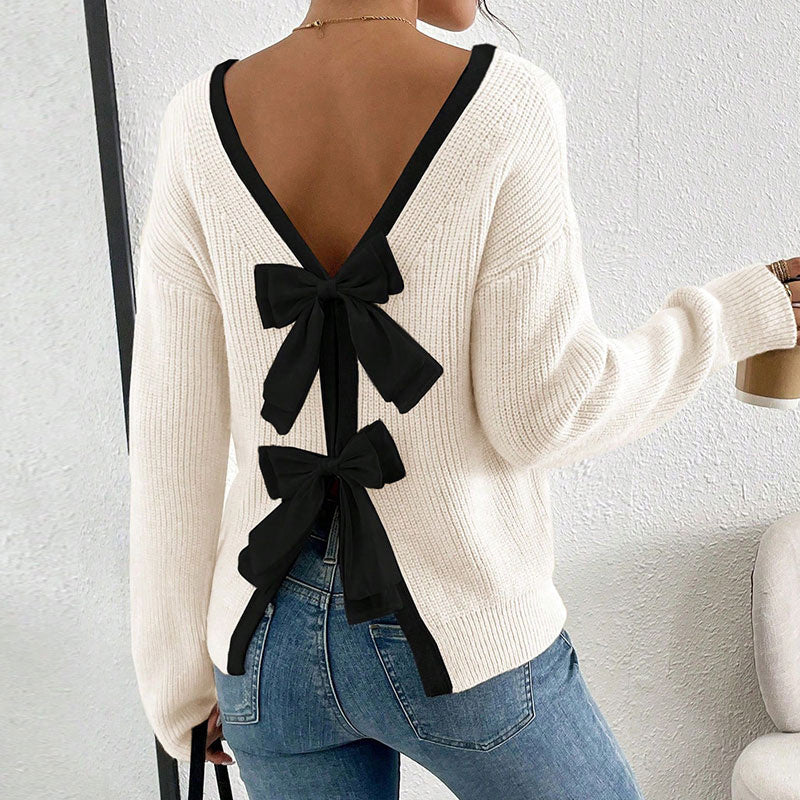 Women's Bow Sweater Long Sleeve Top, Open Back Crew Neck Split Pullover, Fall Trendy Going Out Sweater