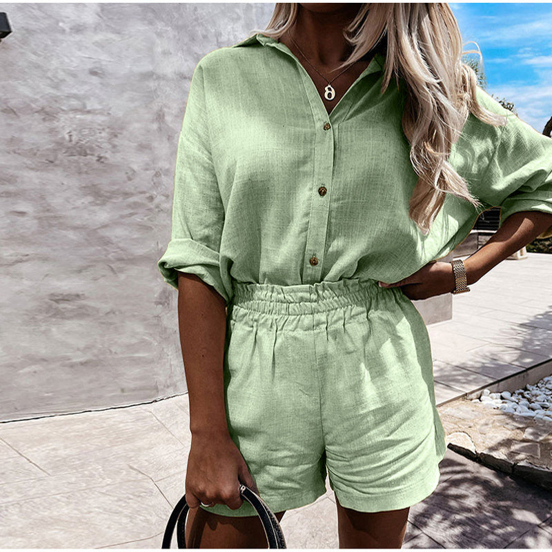 Women's Linen Shorts Suit Lapel Shirt