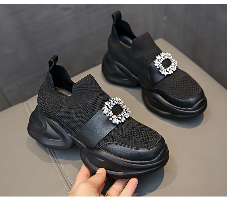 Rhinestone Square Buckle Breathable Mesh Casual Baotou Half Slippers