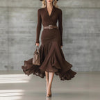 Stitching V-neck Long-sleeve Dress Long Skirt Large Swing Skirt