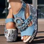 Newspaper Buckle Denim Wedge Slides - Anklet Not Included
