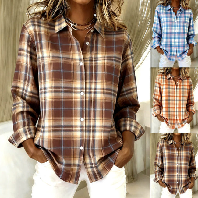 Women's Long-sleeved Lapel Plaid Button Shirt Top Hover Image