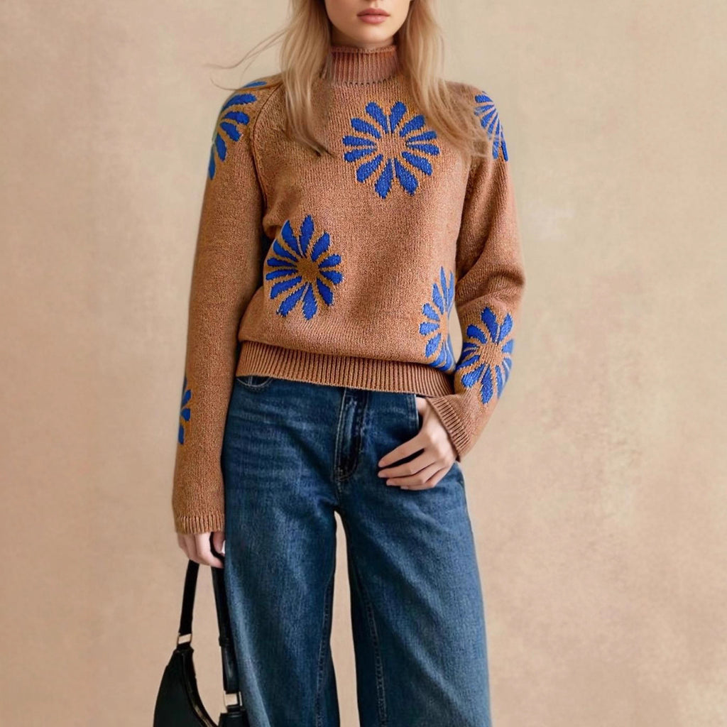 Round Neck Flower Color Collision Design Casual Knitted Sweater