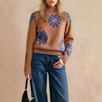 Round Neck Flower Color Collision Design Casual Knitted Sweater