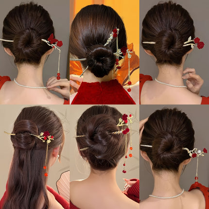 Red Alloy Hair Sticks For Women 7 Pieces Valentines Day Gift