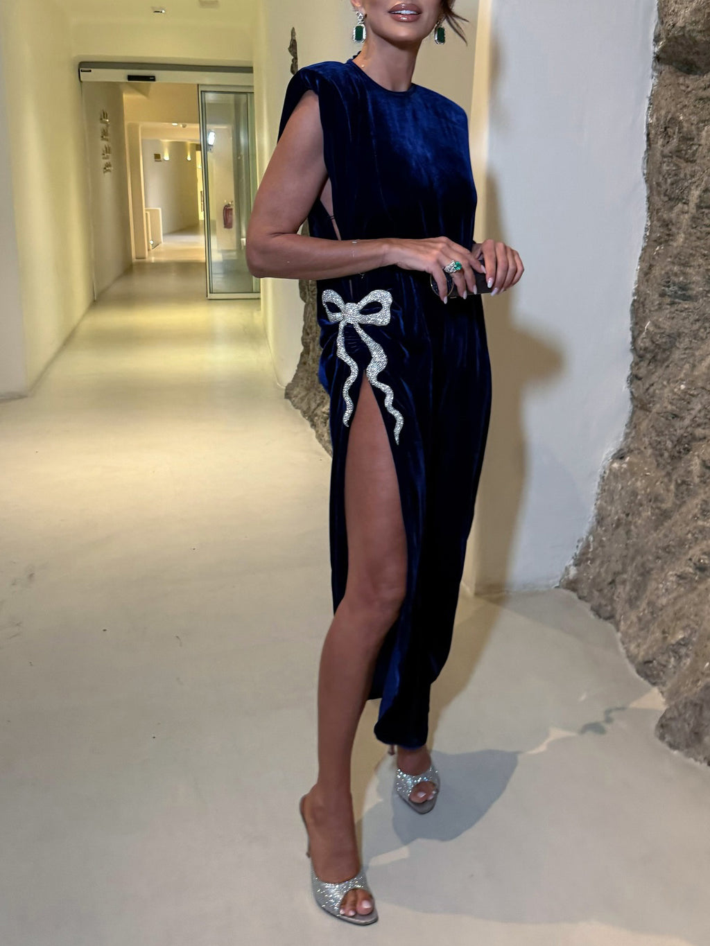 Navy Blue Velvet Gown With White Bow And High Slit Detail