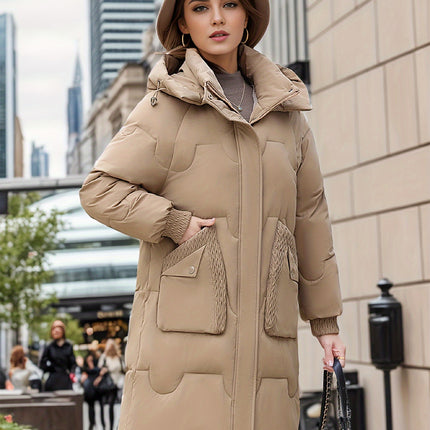 Solid Pockets Hooded Coat With Zipper Fall Winter Women