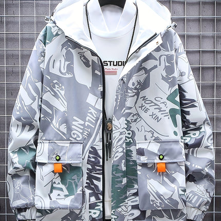 Unisex Graffiti Windbreaker Hooded Jacket Mid Length