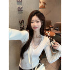 V-neck Dralon Lace Stitching Brushed Long Sleeve