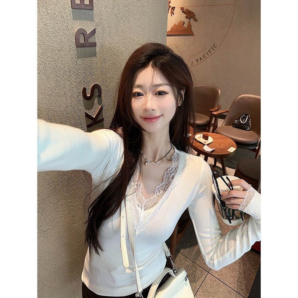 V-neck Dralon Lace Stitching Brushed Long Sleeve