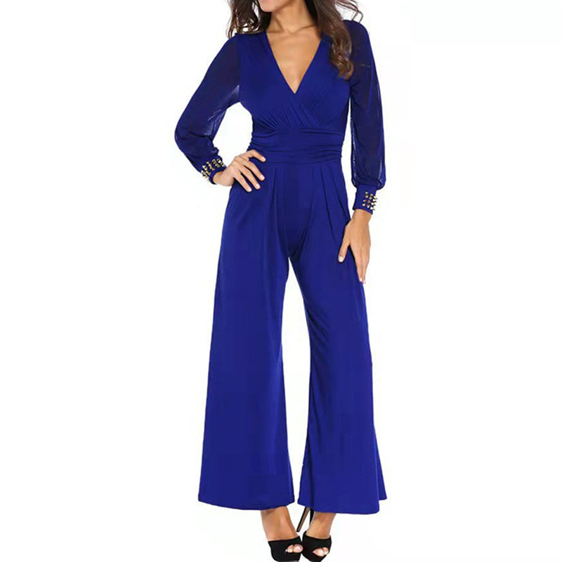 Women's Elegant V Neck Mesh Long Sleeve Loose Wide Leg Romper Party Jumpsuits With Rivet Cuffs