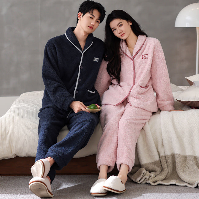 Flannel Thick Warm Long Sleeves Coral Fleece Couple Pajamas Suit Hover Image