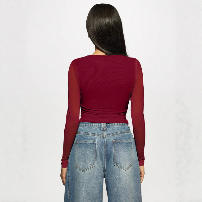 Long Sleeve Double-layer Mesh Rhinestone Fashion Women's Western Style Bottoming Main Image