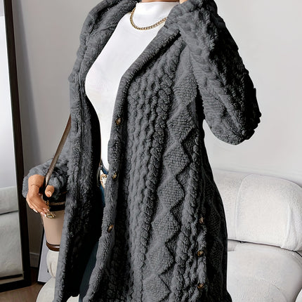 Autumn Winter Plush Hooded Jacquard Cardigan Coat for Women