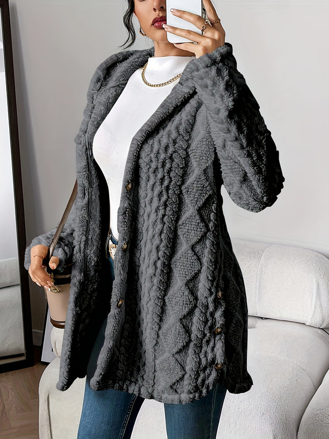 Autumn Winter Plush Hooded Jacquard Cardigan Coat for Women