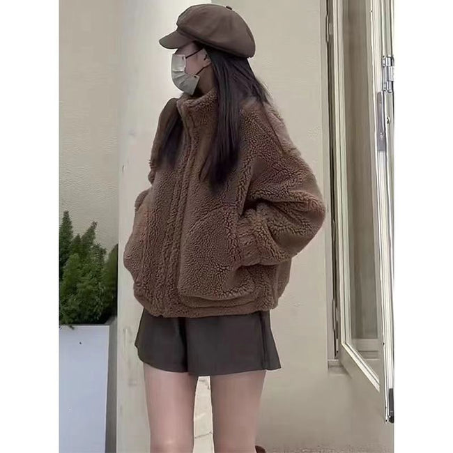 Top Long Sleeve Faux Cashmere Stand Collar Small Coat Main Image