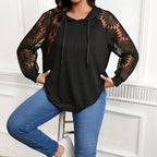 Women's Plus Size Hoodie Lace Long Sleeve Pullover Top, Fall Casual Drawstring Sweatshirt