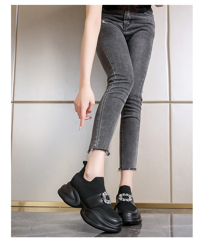 Rhinestone Square Buckle Breathable Mesh Casual Baotou Half Slippers