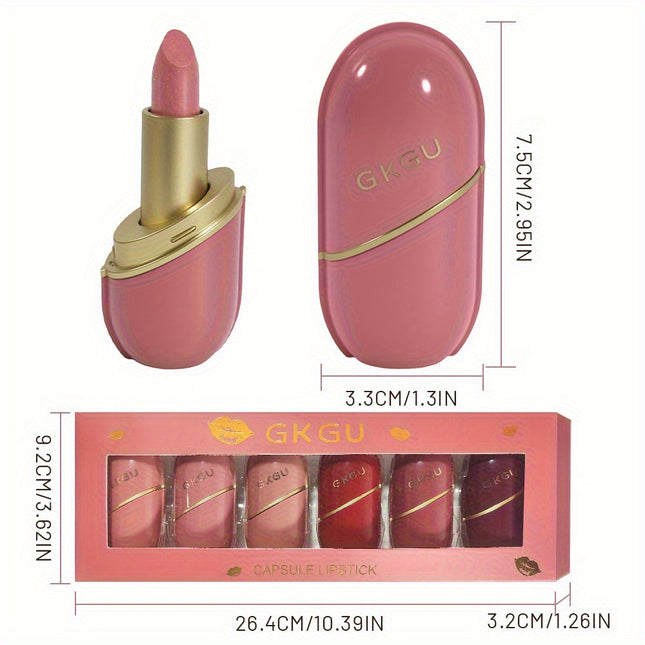 GKGU Capsule Lipstick 6Pcs Glossy Finish Orange Pink Red