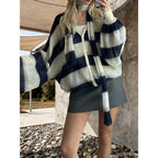 Womens Striped Cardigan Sweaters V Neck Open Front Button Up Color Block Loose Coats With Scarf