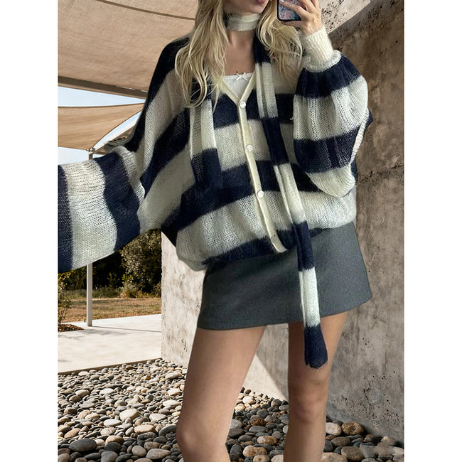 Womens Striped Cardigan Sweaters V Neck Open Front Button Up Color Block Loose Coats With Scarf Hover Image