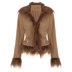 Vintage Maillard Fur Collar Flower Embroidery Short Warm Coat